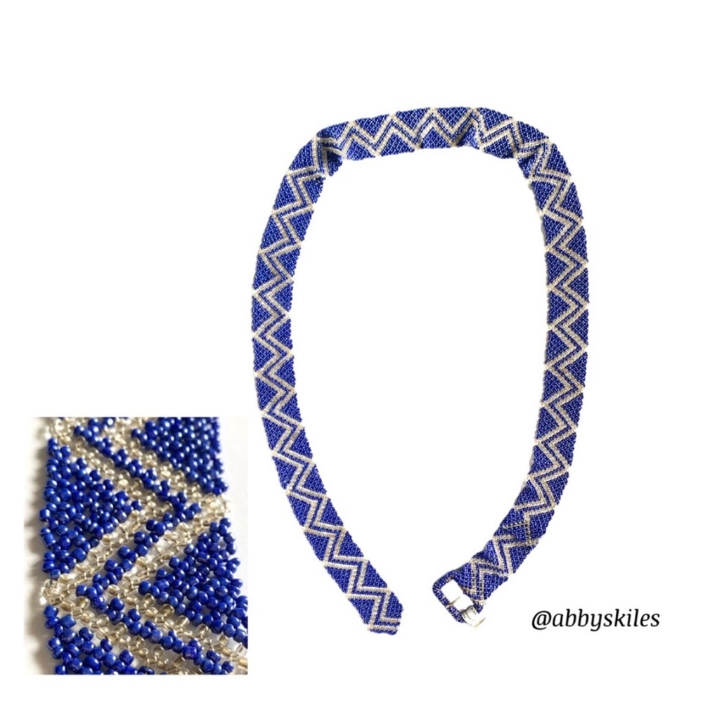 African Hand-Beaded Belt Navy & Silver Fits Most Sized Art To Wear - Picture 1 of 7